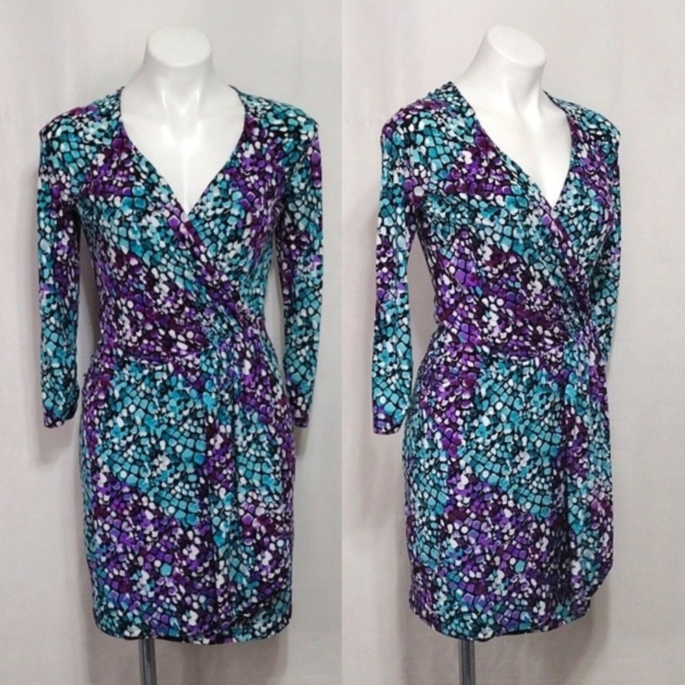 Shelli Segal Faux Wrap Cocktail Dress Size 2 Purple Teal Ruched V-Neck Elegant